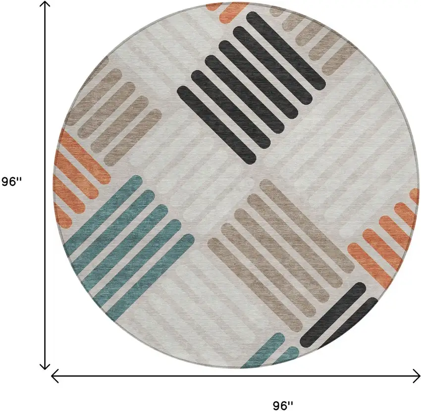 8' Sand Ivory And Black Round Geometric Washable Indoor Outdoor Area Rug Photo 3