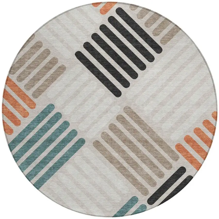 8' Sand Ivory And Black Round Geometric Washable Indoor Outdoor Area Rug Photo 4