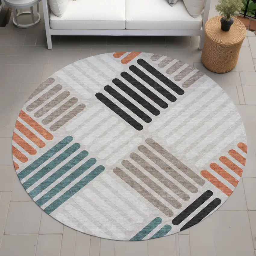 8' Sand Ivory And Black Round Geometric Washable Indoor Outdoor Area Rug Photo 8