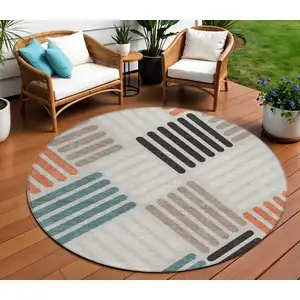 Photo of 8' Sand Ivory And Black Round Geometric Washable Indoor Outdoor Area Rug