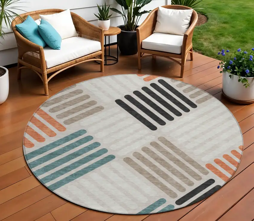 8' Sand Ivory And Black Round Geometric Washable Indoor Outdoor Area Rug Photo 1