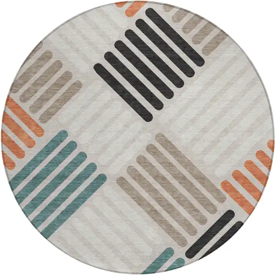 8' Sand Ivory And Black Round Geometric Washable Indoor Outdoor Area Rug Photo 2