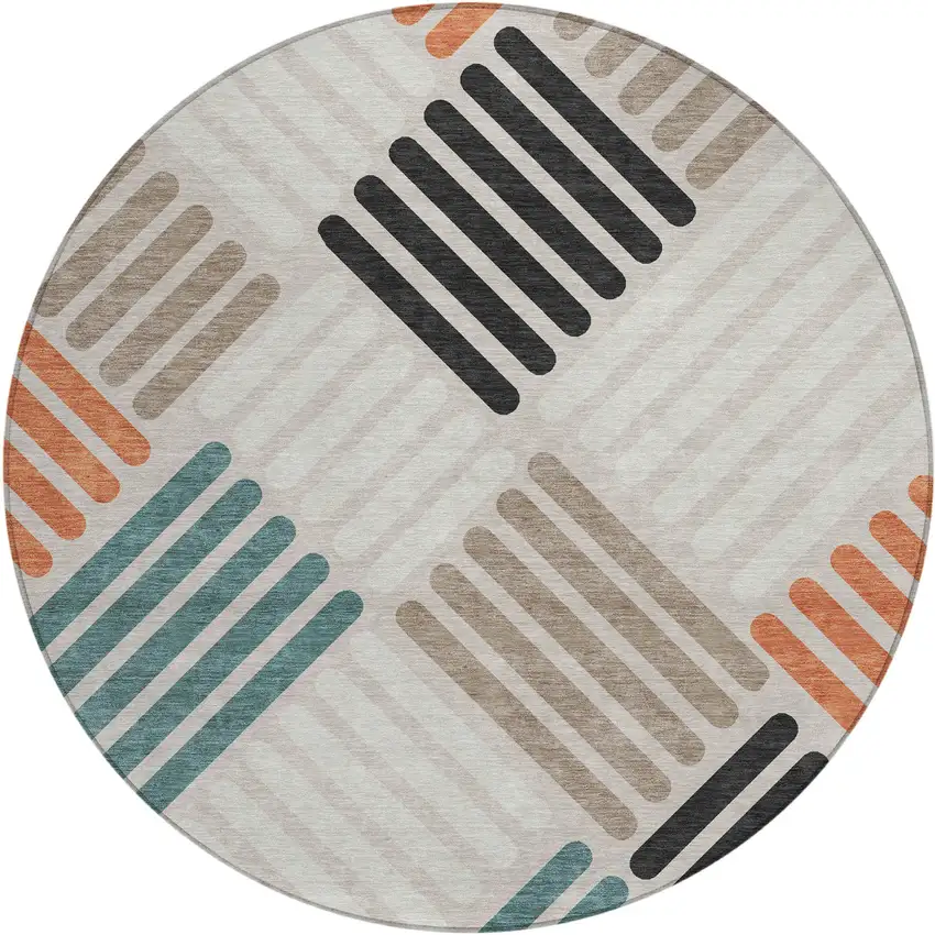 8' Sand Ivory And Black Round Geometric Washable Indoor Outdoor Area Rug Photo 2