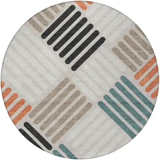8' Sand Ivory And Black Round Geometric Washable Indoor Outdoor Area Rug Photo 5