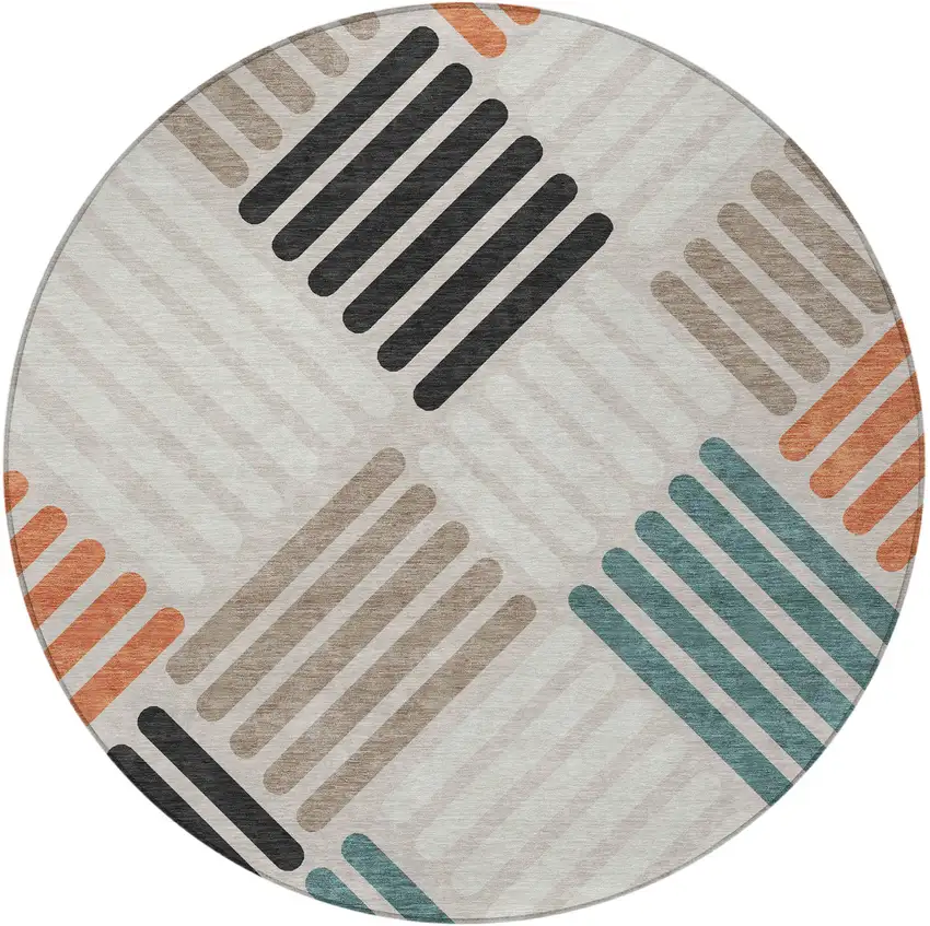 8' Sand Ivory And Black Round Geometric Washable Indoor Outdoor Area Rug Photo 5