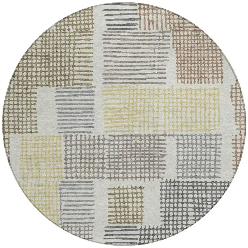 8' Sand Ivory And Gold Round Geometric Washable Indoor Outdoor Area Rug Photo 4