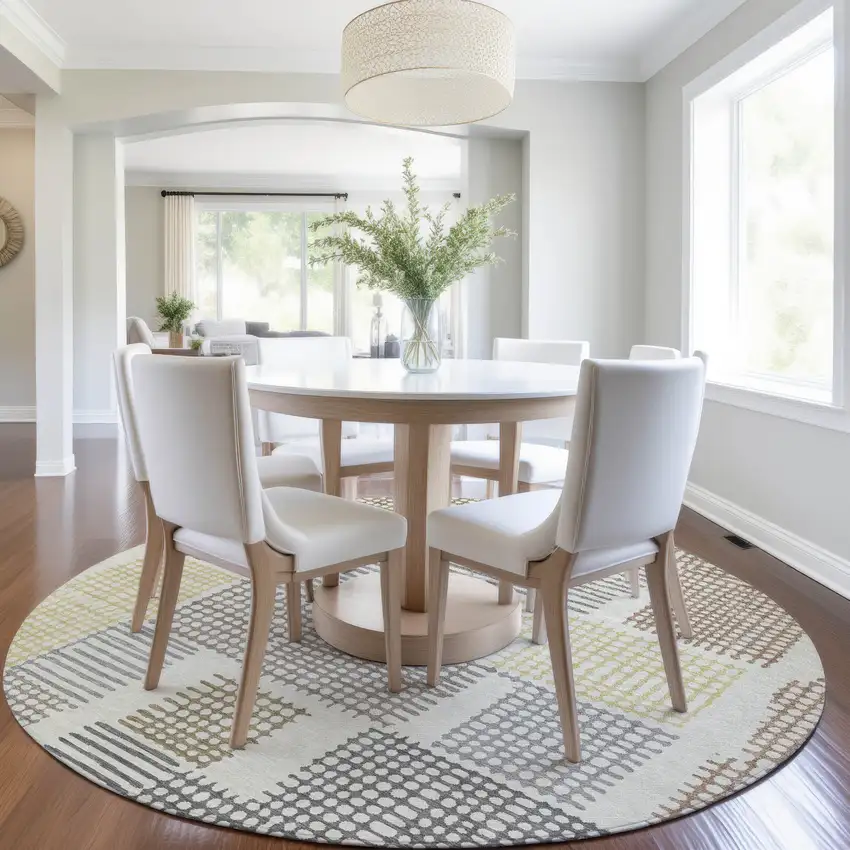 8' Sand Ivory And Gold Round Geometric Washable Indoor Outdoor Area Rug Photo 6