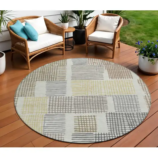 8' Sand Ivory And Gold Round Geometric Washable Indoor Outdoor Area Rug Photo 2