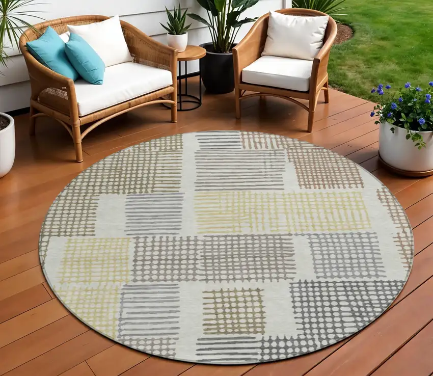 8' Sand Ivory And Gold Round Geometric Washable Indoor Outdoor Area Rug Photo 2