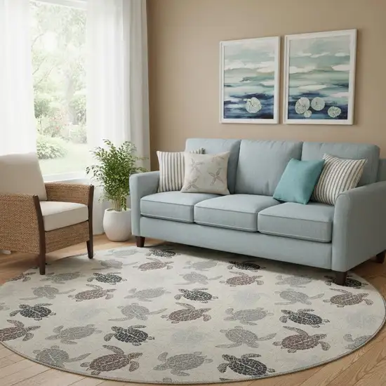 8' Sand Ivory And Gray Geometric Washable Round Rug With UV Protection Photo 1