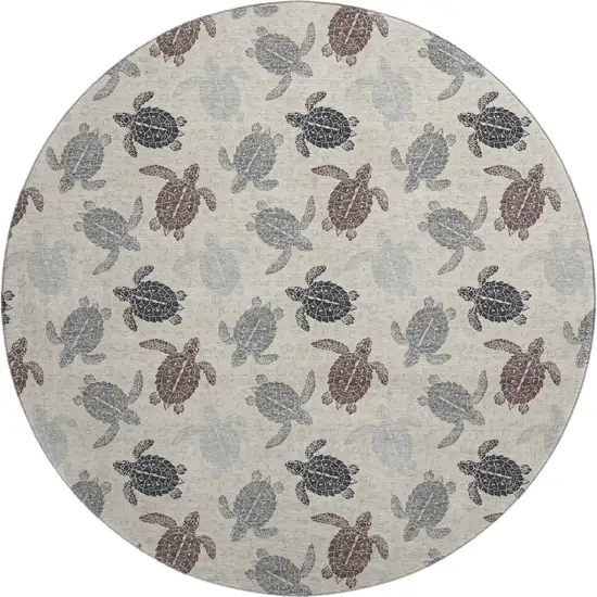 8' Sand Ivory And Gray Geometric Washable Round Rug With UV Protection Photo 1