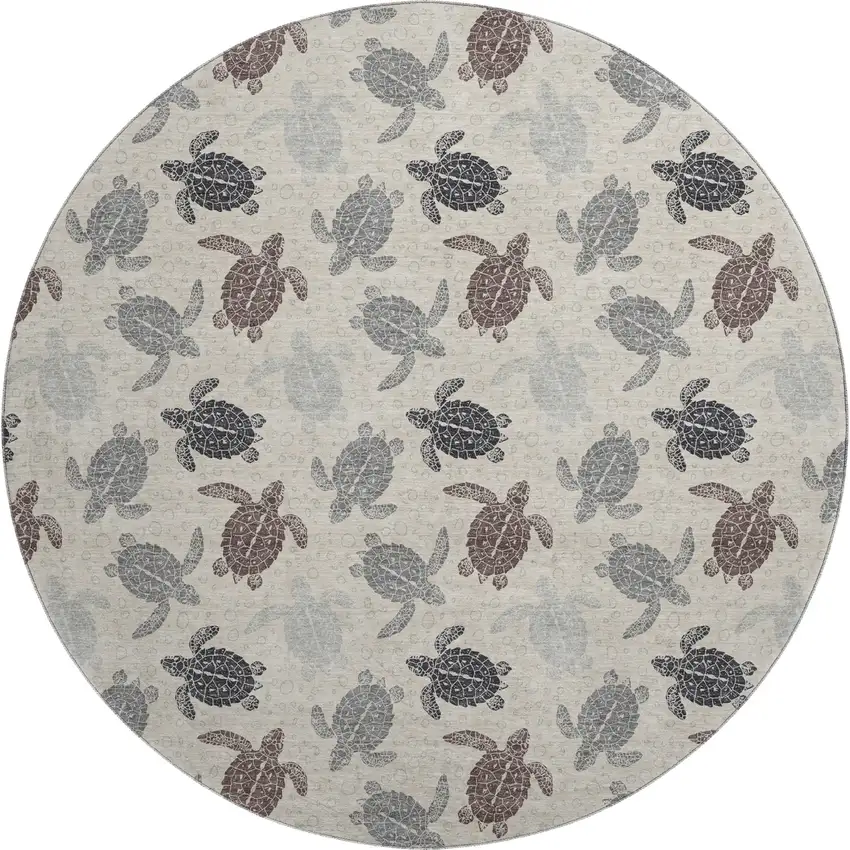 8' Sand Ivory And Gray Geometric Washable Round Rug With UV Protection Photo 1