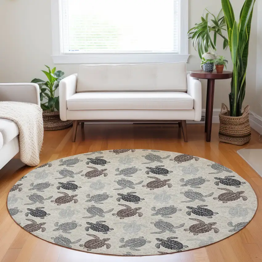8' Sand Ivory And Gray Geometric Washable Round Rug With UV Protection Photo 5