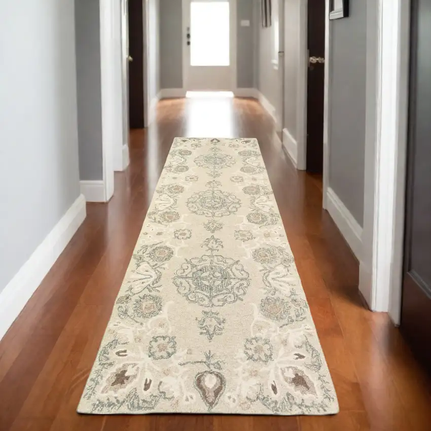 8' Sand Wool Floral Hand Tufted Runner Rug Photo 1