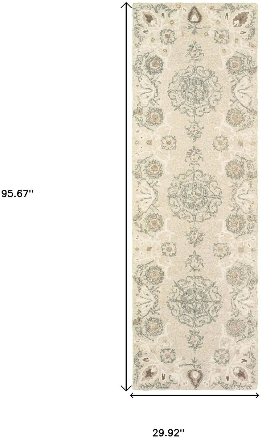 8' Sand Wool Floral Hand Tufted Runner Rug Photo 3