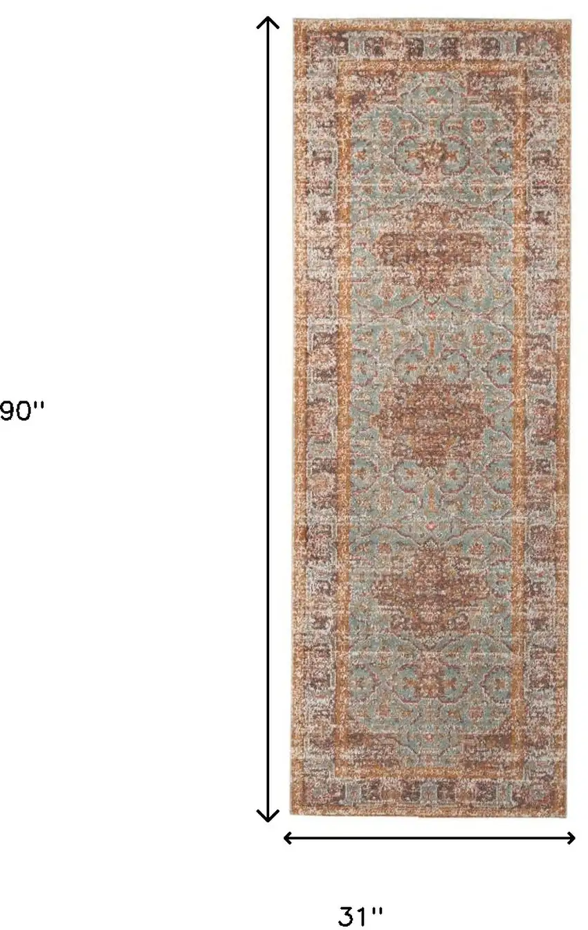 7' Sea Green Medallion Power Loom Runner Rug With Fringe Photo 6