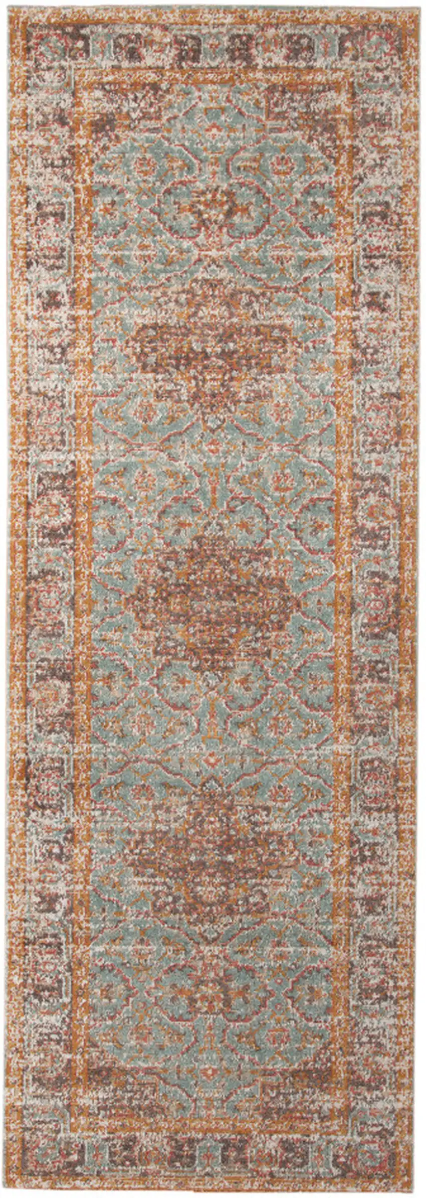 7' Sea Green Medallion Power Loom Runner Rug With Fringe Photo 1