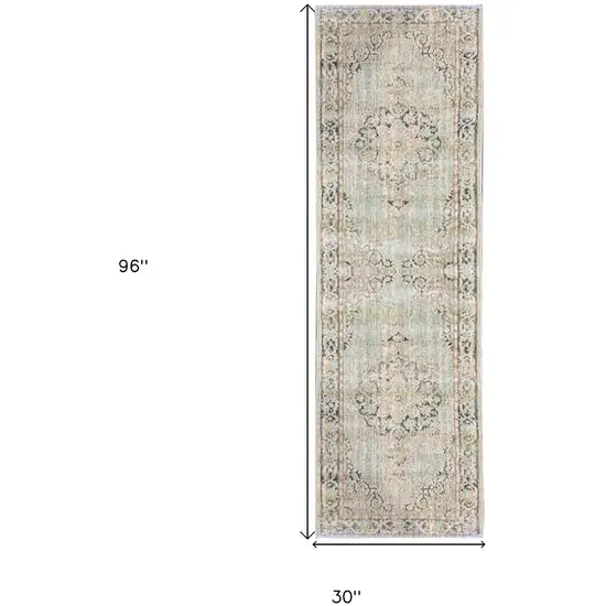 8' Sea Green Medallion Power Loom Runner Rug Photo 6