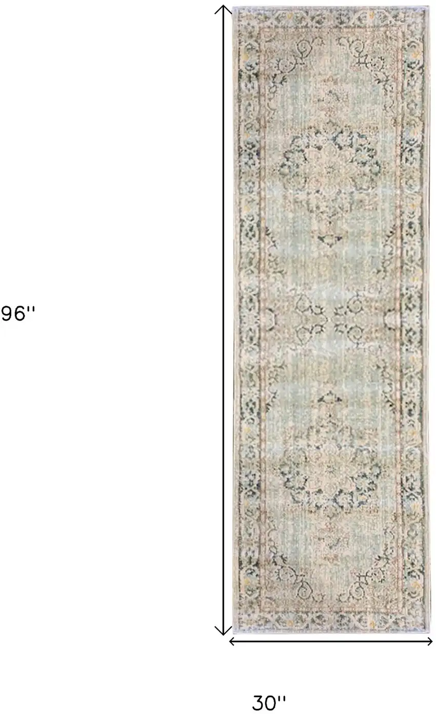 8' Sea Green Medallion Power Loom Runner Rug Photo 6