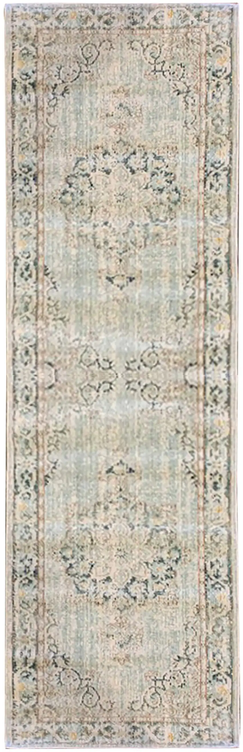 8' Sea Green Medallion Power Loom Runner Rug Photo 1
