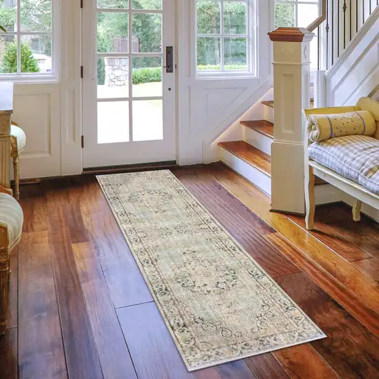 8' Sea Green Medallion Power Loom Runner Rug Photo 5