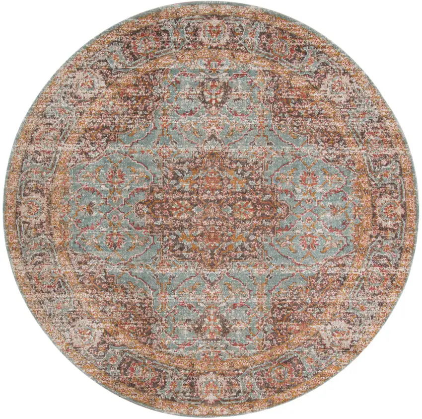 6' Sea Green Round Medallion Power Loom Area Rug With Fringe Photo 1