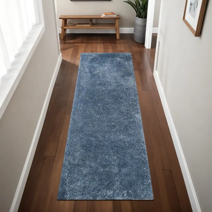 8' Blue Shag Handmade Runner Rug Photo 1