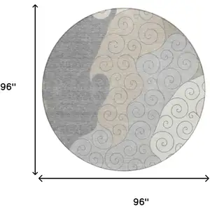 Photo of 8' Silver And Beige Round Abstract Washable Indoor Outdoor Area Rug
