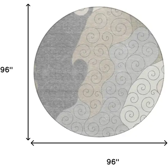 8' Silver And Beige Round Abstract Washable Indoor Outdoor Area Rug Photo 8