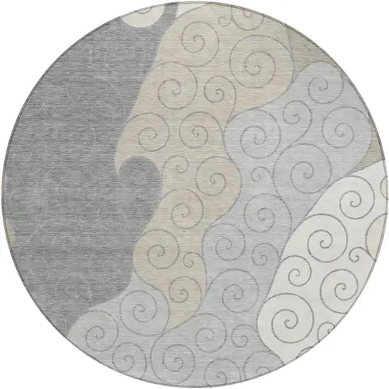 8' Silver And Beige Round Abstract Washable Indoor Outdoor Area Rug Photo 1