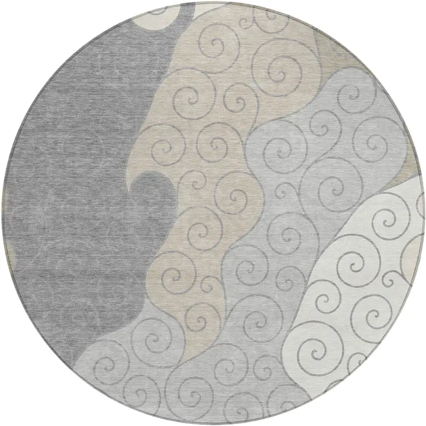 8' Silver And Beige Round Abstract Washable Indoor Outdoor Area Rug Photo 1