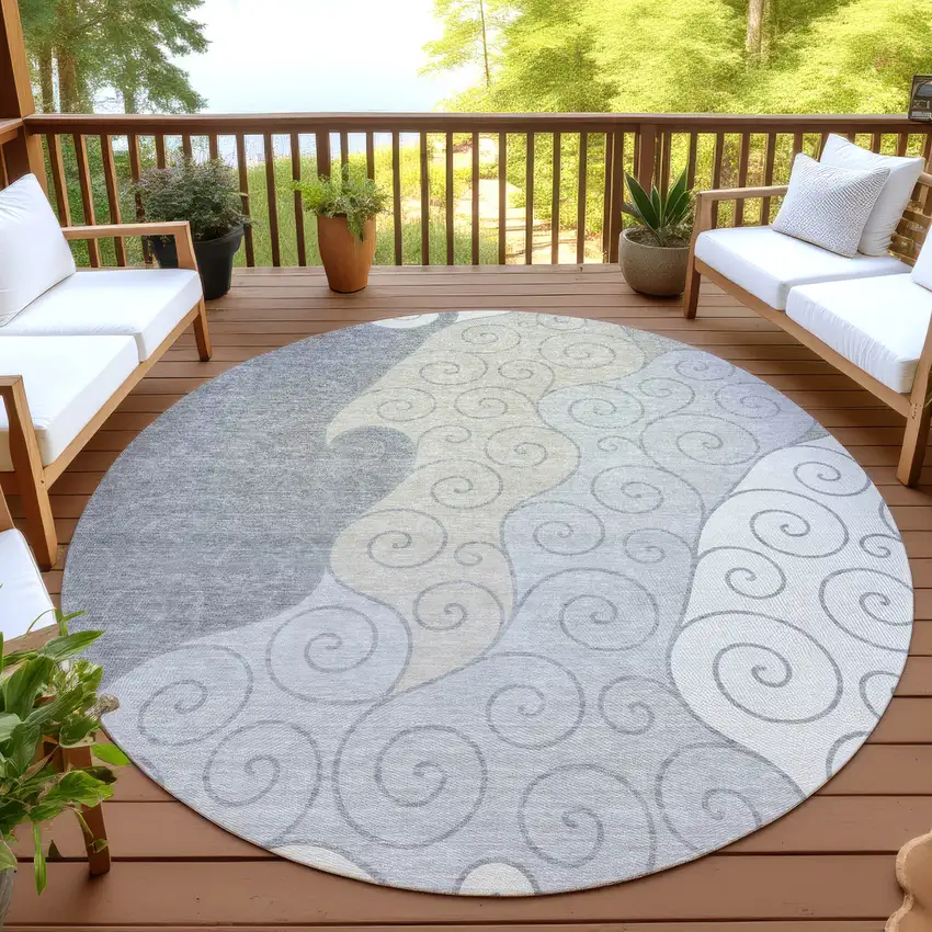 8' Silver And Beige Round Abstract Washable Indoor Outdoor Area Rug Photo 4