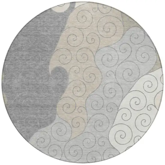 8' Silver And Beige Round Abstract Washable Indoor Outdoor Area Rug Photo 3