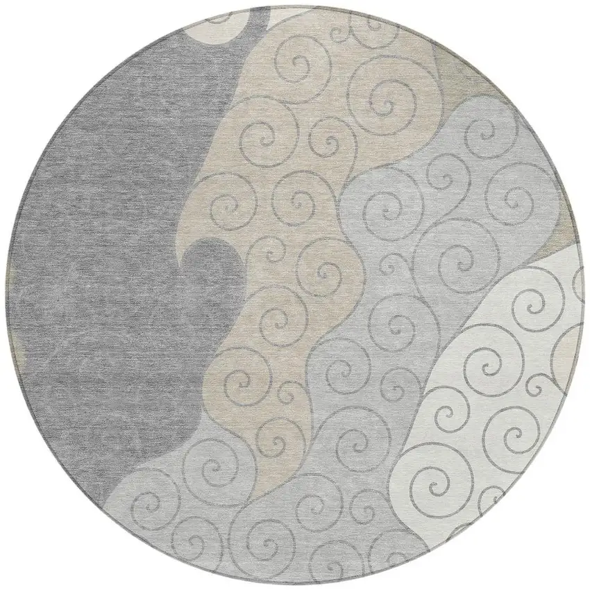8' Silver And Beige Round Abstract Washable Indoor Outdoor Area Rug Photo 3