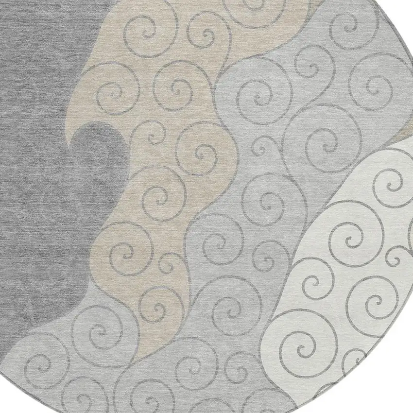 8' Silver And Beige Round Abstract Washable Indoor Outdoor Area Rug Photo 2