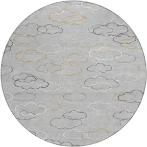Photo of 8' Silver And Beige Round Abstract Washable Indoor Outdoor Area Rug