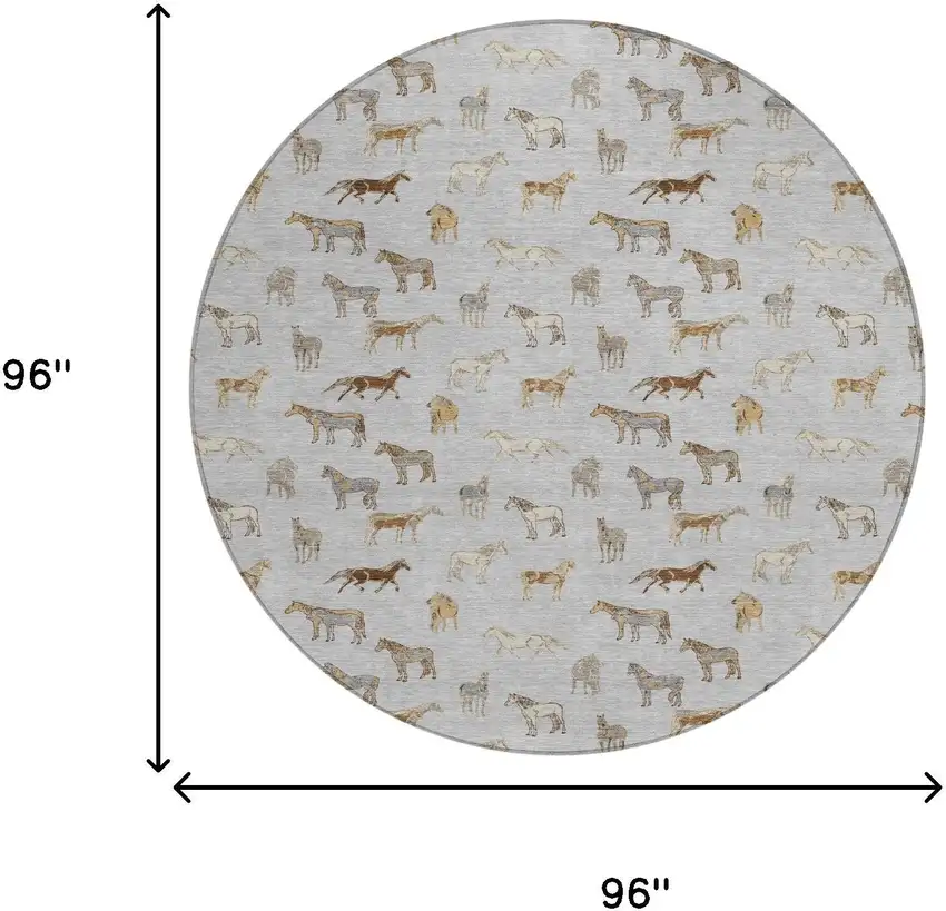 8' Silver And Beige Round Horse Washable Indoor Outdoor Area Rug Photo 7
