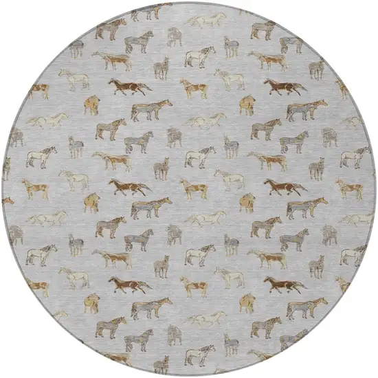 8' Silver And Beige Round Horse Washable Indoor Outdoor Area Rug Photo 4