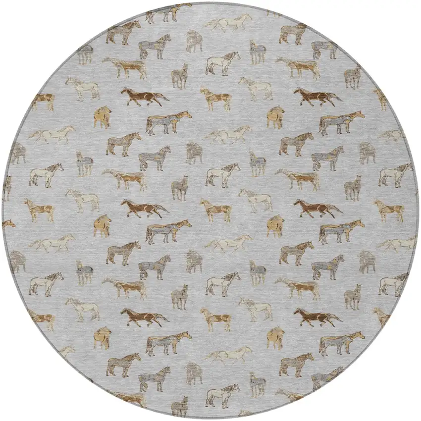 8' Silver And Beige Round Horse Washable Indoor Outdoor Area Rug Photo 4