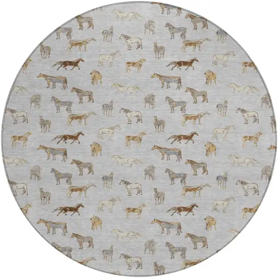 8' Silver And Beige Round Horse Washable Indoor Outdoor Area Rug Photo 2