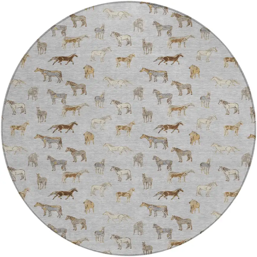 8' Silver And Beige Round Horse Washable Indoor Outdoor Area Rug Photo 2