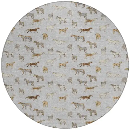 8' Silver And Beige Round Horse Washable Indoor Outdoor Area Rug Photo 3