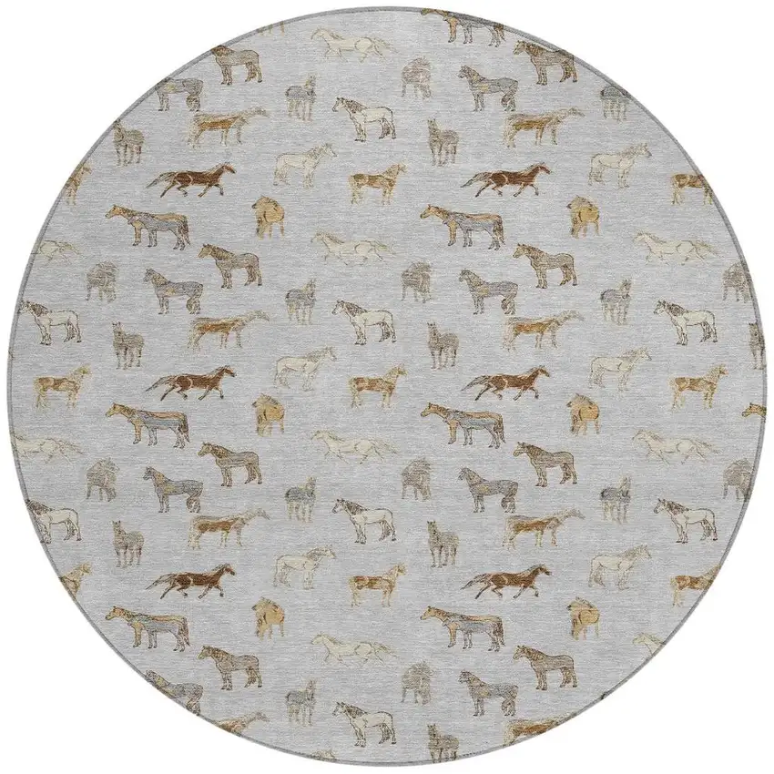 8' Silver And Beige Round Horse Washable Indoor Outdoor Area Rug Photo 3