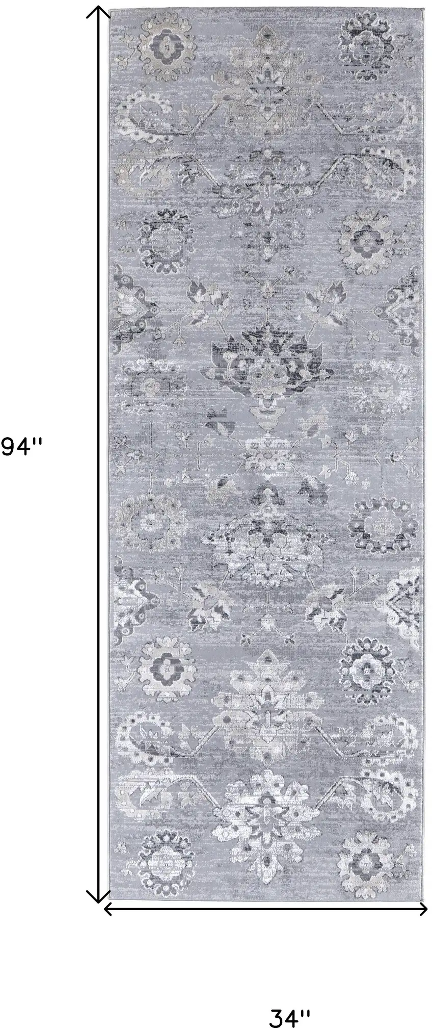 8' Silver And Black Floral Power Loom Distressed Runner Rug Photo 7
