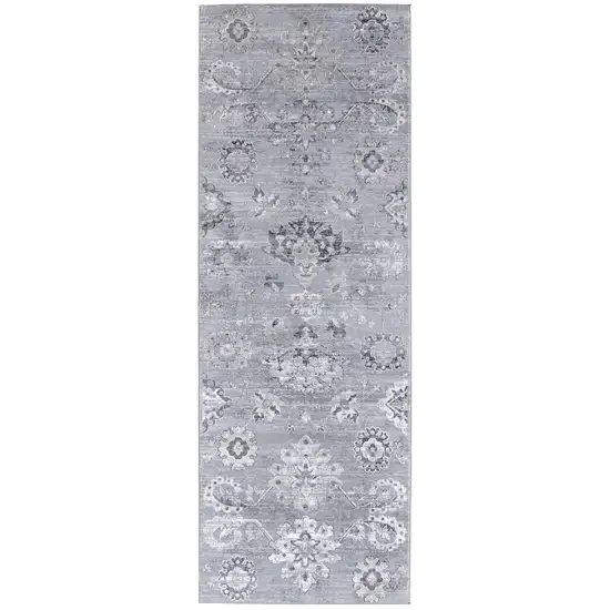 8' Silver And Black Floral Power Loom Distressed Runner Rug Photo 1