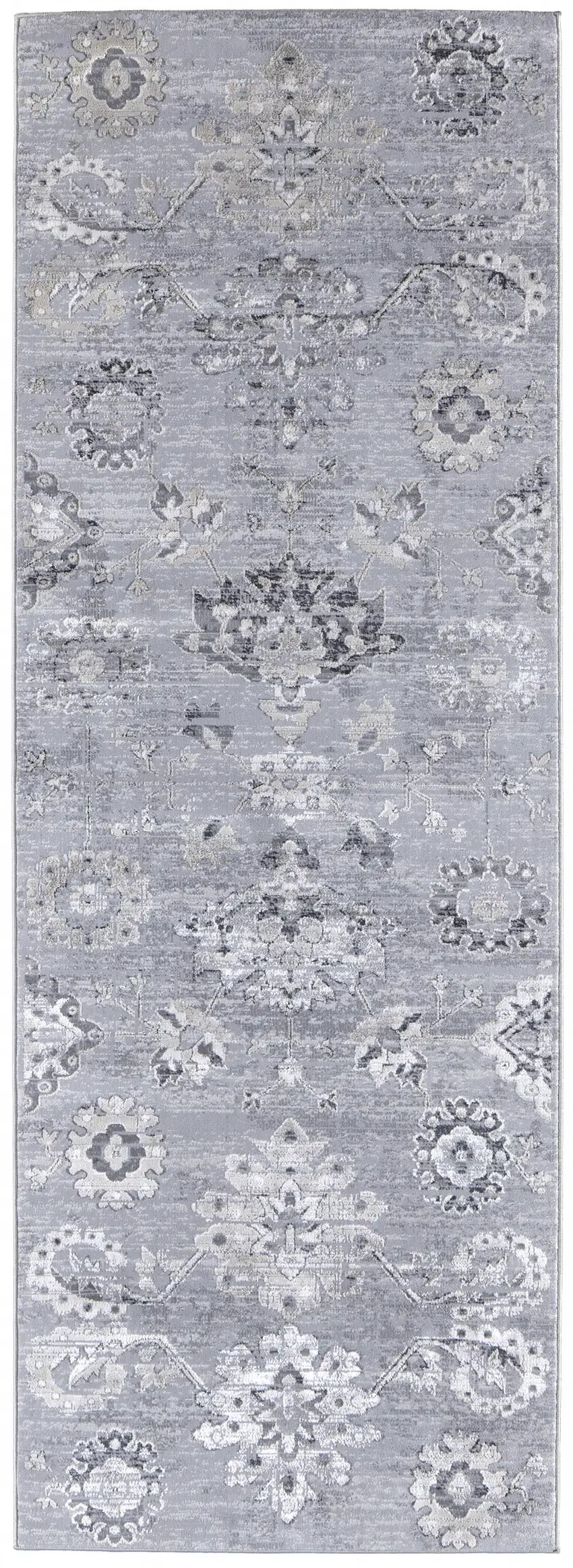 8' Silver And Black Floral Power Loom Distressed Runner Rug Photo 1