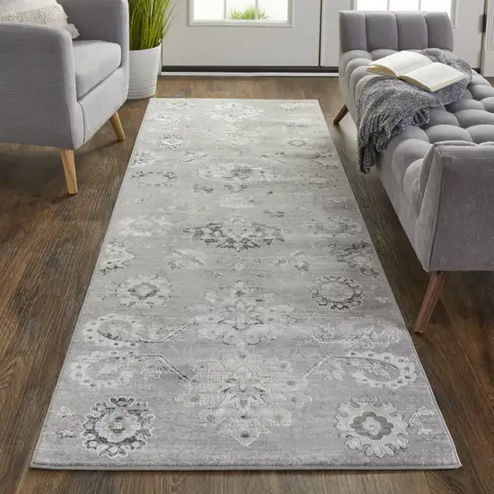 8' Silver And Black Floral Power Loom Distressed Runner Rug Photo 4