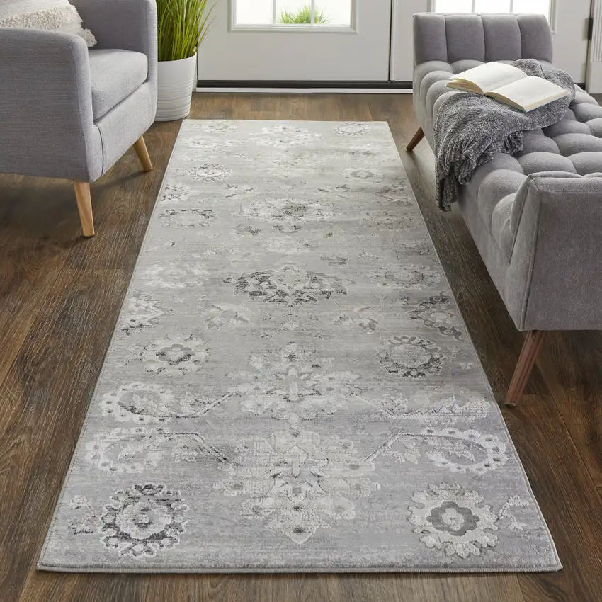 8' Silver And Black Floral Power Loom Distressed Runner Rug Photo 4