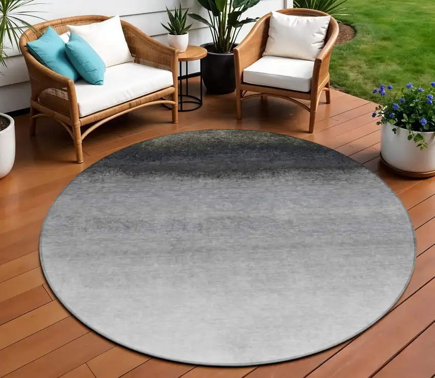 8' Silver And Black Round Ombre Washable Indoor Outdoor Area Rug Photo 2