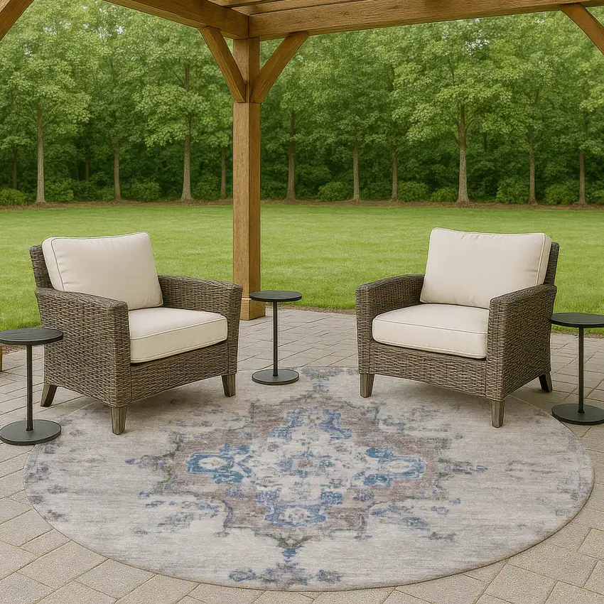 8' Silver And Blue Round Medallion Washable Indoor Outdoor Area Rug Photo 8